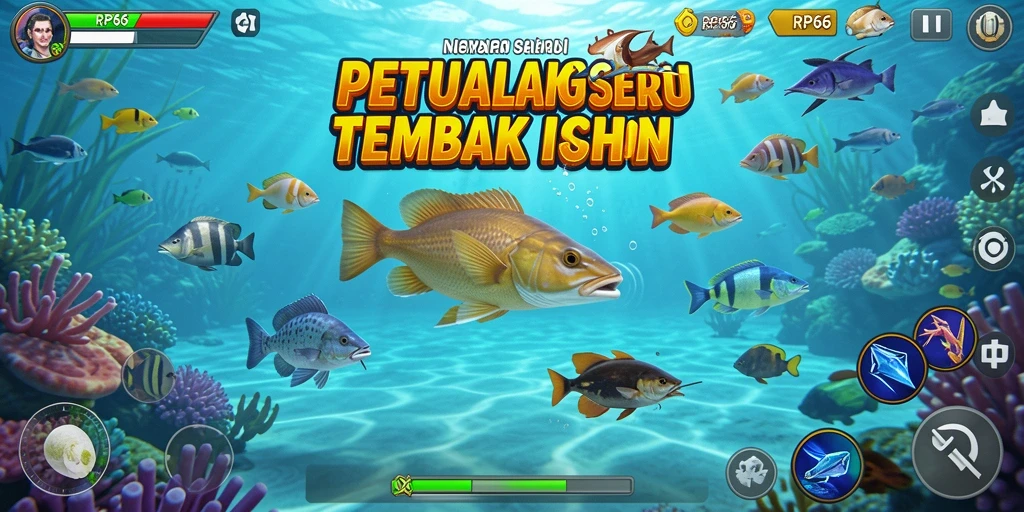 Tampilan gameplay seru menembak ikan di bawah laut.