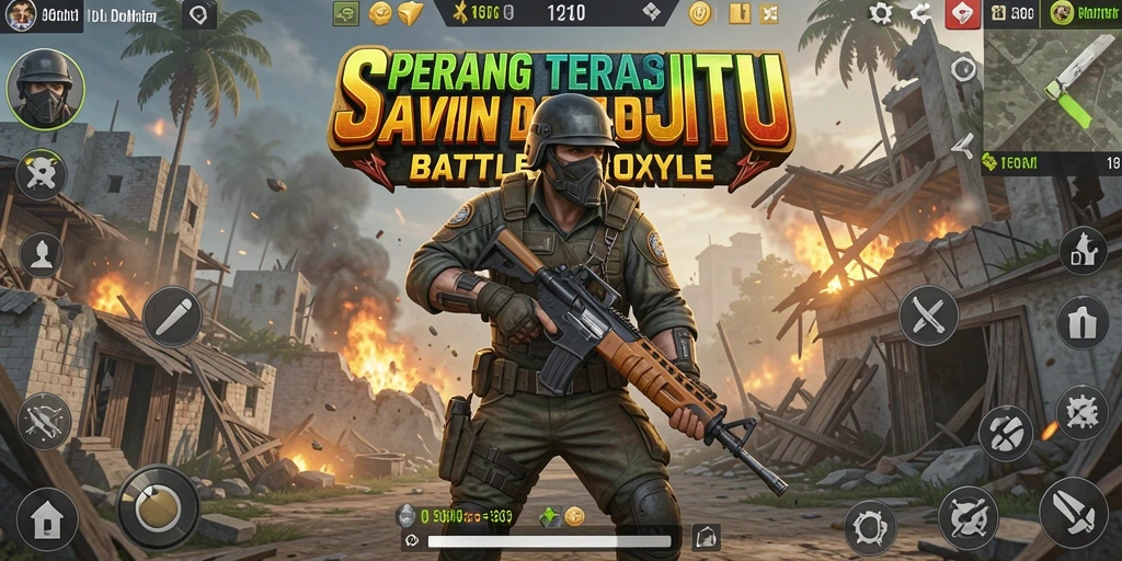 Tampilan gameplay seru di SARANAJITU saat bertempur di medan perang Battle Royale.