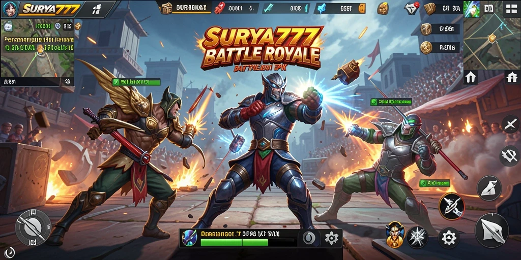 Screenshot SURYA777 menampilkan pertempuran seru di arena Battle Royale.